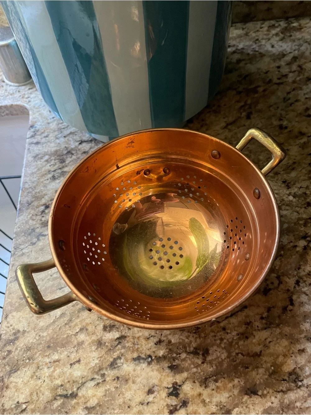 Vintage copper & brass berry colander with feet